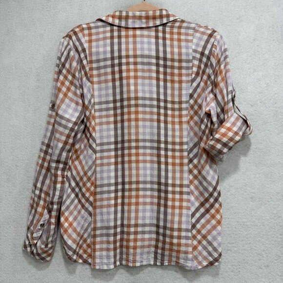 Cabi Shirt Womens Small Brown Orange Purple Plaid Button Front Roll Tab High Low - Picture 7 of 10